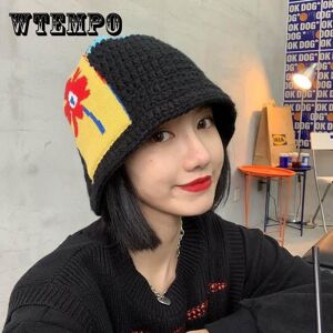 WTEMPO Hat Female Autumn and Winter Show Face Little Fisherman Hat Black Woolen Hat Korean Thick Knitted Bucket Hat