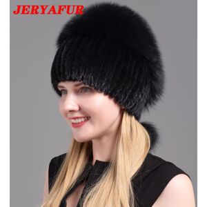 JERYAFUR Women's Fur Hats Fluffy Winter Warm Knitted Natural Mink Fur Hats Fashion Top Hats Women's Natural Fur Hats