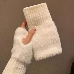 Ambiel Charm Mink Fleece Soft Winter Half Finger Gloves Women Warm Luxury Solid White Plush Knitted Fingerless Glove Wrist Mittens Writting