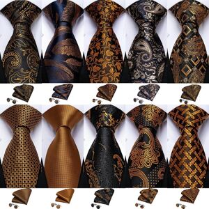 Dibangu Necktie Set for Men Gold Black Paisley Striped Silk Tie Hankerchief Cufflinks Set for Business