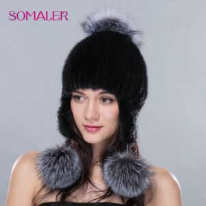 SOMALER Womens Real Mink Fur Hats with Fur Pom Pom Winter Warm Knitted Ear Protection Beanies