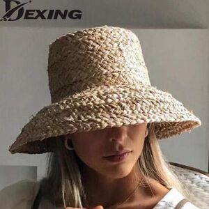 Dexing 2023 Summer Natural Raffia Straw Sun Hats for Women Retro Flat Drooping Hat Panama Ladies Hat Holiday Beige Beach Floppy Hat