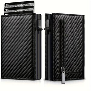 Temu 1pc Wallet For Men, Three-fold Magnetic Carbon Fiber Pattern Card Package, Zipper Anti-theft Scan Wallet Carbon Fiber