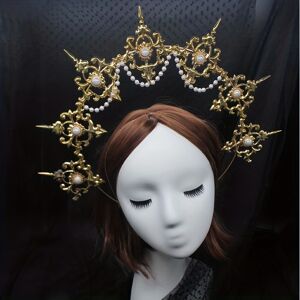 Temu Faux Pearl Tiara Halo Crown Mary Goddess Headband Women Cosplay Costume Headpiece