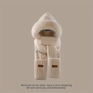 Temu Winter Knitted Hooded Scarf Faux Fur Thick Coldproof Ear Warmer Neck Scarf Warm Plush Ear Flap Hat Beige Color 55-60cm/21.65-23.62inch