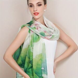 Temu Green Lotus Print Mulberry Silk Scarf Thin Breathable Large Shawl Elegant Style Sunscreen Lightweight Scarves