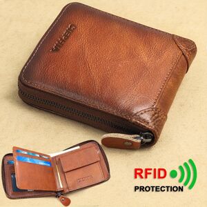 Temu 1pc Genuine Leather Wallet For Men Rfid Blocking Bifold Zipper Wallets Top Layer Cowhide Multi Function Id Credit Card Holder Inner Short Wallet With Coin Bag Gifts For Him Brown