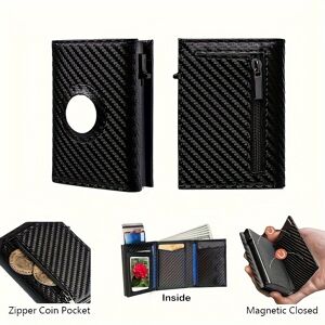 Temu Men's Wallet, Carbon Fiber Credit Card Holder With Zipper Coin Pocket, Rfid Blocking Pop-up Credit Card Holder For Air Tag, Men's Gift Carbon Fiber Black