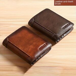 Temu Men's Vintage Genuine Leather Rfid Blocking Wallet, Thin Short Multi Function Id Credit Card Holder, Gifts Brown