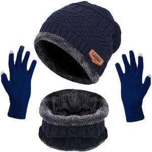 Temu Warm Winter Fleece Set - Knit Beanie Hat, Scarf, Touch Screen Gloves For Outdoor Sports - Unisex Navy Blue+Black*2