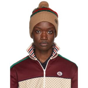 Gucci Tan Wool Signature Beanie  - 9866 CAMEL/DARK GREE - Size: Medium - female