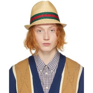Gucci Beige Straw Woven Hat  - 9666 ROPE/DARK GREEN - Size: Small - male