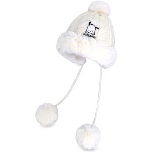 Roffatide Anime Cartoon Pochacca Dog Skull-caps Women Winter Sherpa Beanie Knit Ear Flaps Peruvian Cover Ears Fleece Lined Fluffy Ski Snow Hat 3 Pompoms Hats Beige