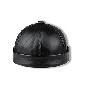 JGHJ Men Genuine Leather Skullcap, Sailor Cap Hat Beanie Rolled Cuff Retro Brimless Genuine Leather Beanie Hat (Black,L), Black, L