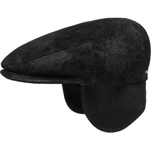 Stetson Kent Pigskin Flat Cap with Ear Flaps Men - Made in The EU Leather Ivy hat Protection Peak, Flaps, Lining Autumn-Winter - L (58-59 cm) Black