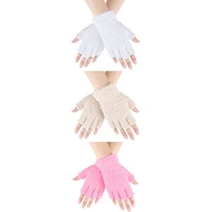 Geyoga 3 Pairs Women Fur Fingerless Gloves Winter Half Finger Knit Gloves Stretchy Warm Typing Gloves Winter Mittens (Camel, White, Pink, Microfiber)