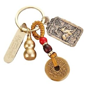 calfee Feng Shui Keychains, 4-piece set Vintage Brass Money Bag Keychain Chinese Five Emperors Coins Car Key Rings Charm Pendant (Dog)