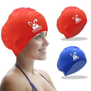 YTSWIM Unisex Long Hair Silicone Swimming Caps, Durable Swim Hats for Shoulder Length Thick Curly Hair Women, Men, Multiple Choice (Blue+Red)