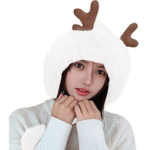 Momolaa Women's Faux Fur Fluffy Hood Hat Animal Reindeer Antlers Hat Costume Hat Faux Fur Trimmed Beige