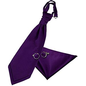 DQT Men Plain Satin Wedding Cravat + Pocket Square Cufflinks & Cravat Pin - Purple