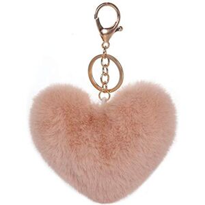 Xsclpomddy Pom Poms Keychains Fluffy Heart Shape Keyring Soft Plush Pendant Key Chain for Car Bag Charm,light brown