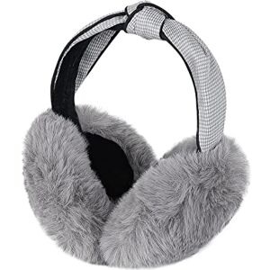 Qchomee Foldable Ear Muffs Women Fashion Headband Winter Warmers Adjustable Furry Earmuffs Covers Wrap Soft Faux Fur Warm Earmuff for Running Walking Outdoor Sports, Grey, One Size