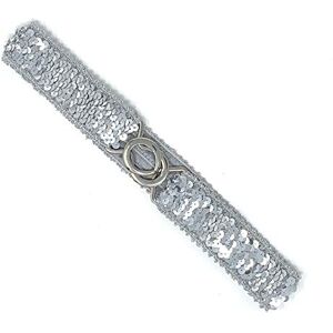 Cadoline Small Slim Sequin Belt Silver With Silver Trim Belt Length/Width 62 x 5cm Elastic Waist Paillette Style