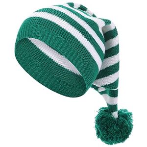 Frobukio Santa Hat Adult Kids Knitted Christmas Hats Snowflake Striped Winter Warm Skull Cap Soft Holiday Party Festive Beanie Hat (Striped Green, One Size)