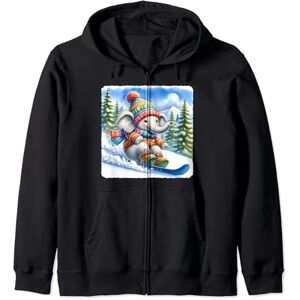 Scarf Pine Trees Clear Playful Snowboarding Elephant On Snowy Hill With Pines. Colorful Hat Zip Hoodie