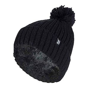 HEAT HOLDERS - Ladies Thick Chunky Ribbed Cuffed Thermal Insulated Winter Pom Pom Bobble Hat (One Size, Black (Arden))