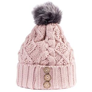 Aran Traditions Diamond Cable Button Hat (Blush/Grey) Pom Pom Beanie Hat, Aran Hat, Unisex Beanie Hat, Winter Hat, Blush Pink Beanie Hat, Grey Beanie Hat, Pom Pom Hat