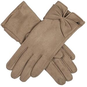 Dents Women's Camel Faux Suede Touchscreen Gloves With Bow