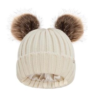 Hat Hut Satin Lined Beanie for Baby Winter Hats for Kids Toddler Double Bobble Hat Pom Pom Beanie for Boys Girls (B2-Beige 2 Poms)
