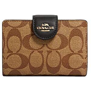 COACH Signature Medium Leather Corner Zip Wallet in Khaki-Black, Style C0082, M