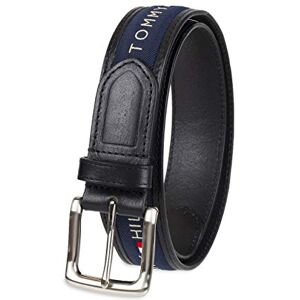 Tommy Hilfiger Men's Ribbon Inlay Fabric Belt with Single Prong Buckle, Black/Navy, 44