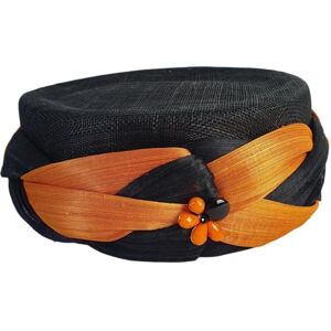 Tocados Creaciones Koenders Handmade Abaca Silk Pillbox Hat, Guest Headdress, Elegant Hat, Sinamay Headdress, Ladies Hat, Wedding, Special Event, Black/Orange