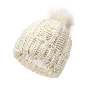 TOEECY Winter Hats for Women Pom Pom Beanie Hat Satin Lined Faux Fur Beanies Hat Warm Cable Knit Hats Protect Hairstyle Soft Bobble Hat for Ladies (Beige)