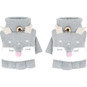 RUIXIA Kids Flip Top Knitted Gloves Half Finger Winter Gloves Warm Thermal Heat Mittens Cute Cartoon Owl Fingerless Gloves Texting Elastic Gloves Half Mitten Soft Hand Warmer 1-5 Years Xmas Gift