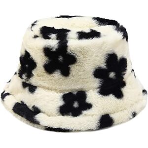 XYIYI Flower Black Beige Furry Bucket Hat Fluffy Winter Warmer Fisherman Hat for Women Girls