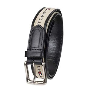 Tommy Hilfiger Men's Ribbon Inlay Fabric Belt with Single Prong Buckle, Negro/Natural, 80