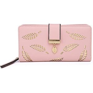 Mu Mianhua Ladies Purse Wallet, Leather Long Purse, Women Leather Wallet Purses Ladies Purse Clutch Holder Case Handbag with Cash/ID/Credit Card Holder Girls Coin Purses Hollow Leaf Zipper Wallet (Pink)