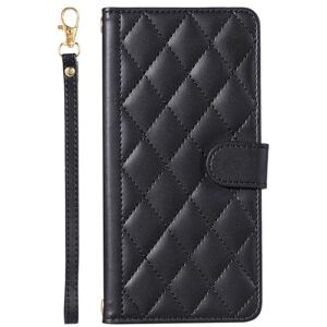 OATE Purses Leather Womens Wallet for OPPO A53 2020/OPPO A32 2020/OPPO A53S 4G/OPPO A33 2020/OPPO A11S,Rhombic Pattern Long Lanyard Wallet for Shopping, Traveling, Dating with Card Holders,Black