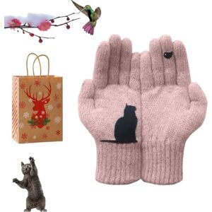 Yagerod Cat Fan Cotton Gloves,Cat Bird Print Gloves, Cat Bird Knitted Gloves, Winter Warm Knitted Gloves for Women Men (Pink)