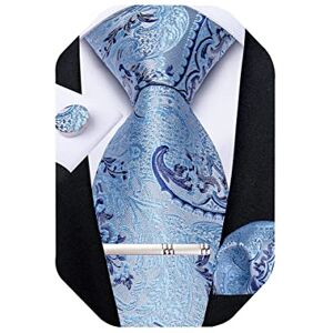 DiBanGu Silk Paisley Floral Tie for Men Light Blue Tie Set and Pocket Square Cufflinks Tie Clip Formal Wedding Business