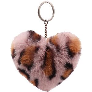 URFEDA Keyring Key Ring Bag Pendant Keychain Soft Fashion Plush Leopard Print Heart Shaped Pendant for Handbag Bag Key Car Favours for Women Ladies Girls, Pink coffee