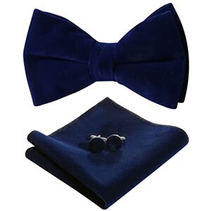 Cheng Yue HOULIFE Bow Tie Set for Men – Adjustable Velvet Pre-tied Bowtie, Solid Colour Pocket Square, Cufflinks Set for Groom Wedding Party with Gift Box (Double Layer Bow Tie, Navy blue)