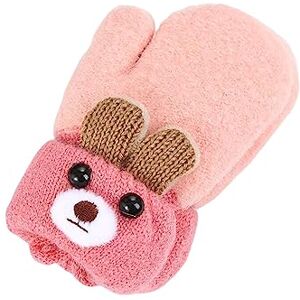 FIOERDTUIE Baby Winter Warm Mittens Cartoon Bear Knitted Outdoor Snow Hand Warmer Neck Hanging Elastic Mitten Ears Gloves for Toddler, Light Pink