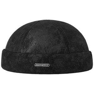 Stetson Pigskin Docker Hat Men - Made in The EU Leather Cap with Cuff, caps, Lining Autumn-Winter - L (58-59 cm) Black