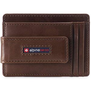 Alpine swiss Harper Mens RFID Slim Front Pocket Wallet Magnetic Money Clip ID Card Holder Leather Glossy Nappa Brown