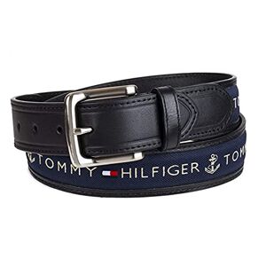 Tommy Hilfiger Men's Ribbon Inlay Fabric Belt with Single Prong Buckle, Black/Navy, 36